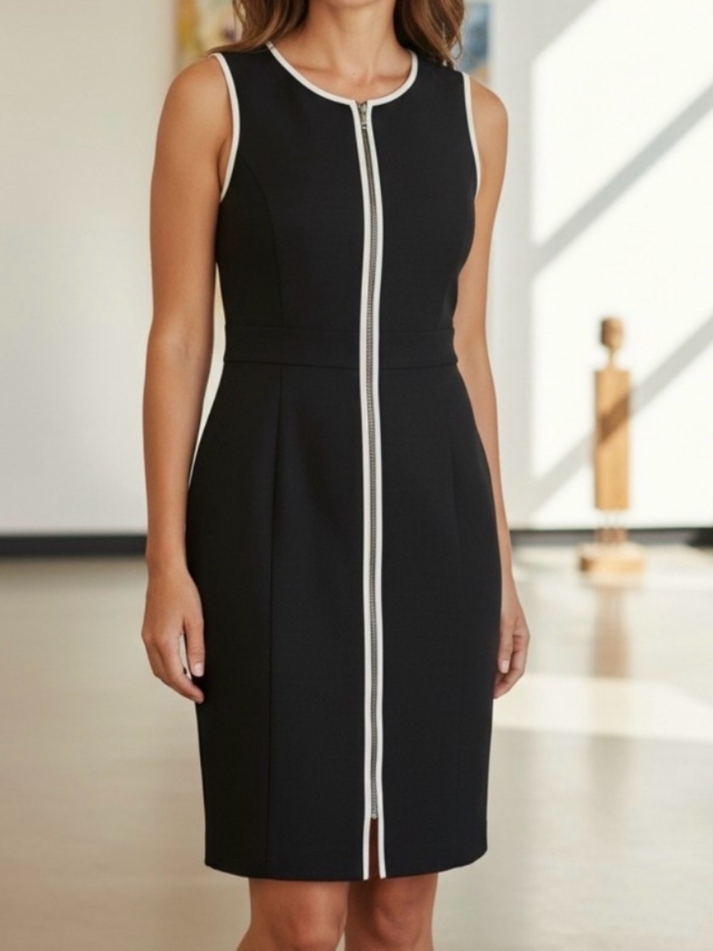 Lafayette 148 New York Black Midi Sheath Dress with White Trim and Front Zip